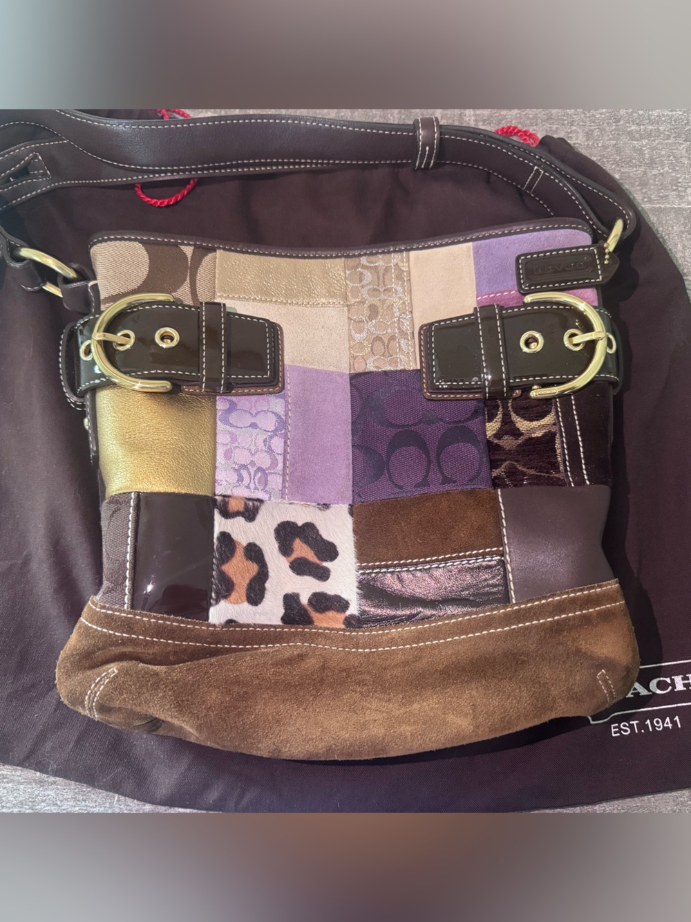 Coach Vintage Patchwork Leather and Suede Tote Bag in Brown and Purple